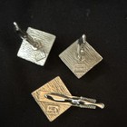 Men s Square Silver Tone Wood Inlay Cufflinks   Matching Tie Clip Set