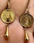 Antique 18k Gold Coin Earrings Red Stones 14k Wires Dangles 1 5 Libra 1966 Peru
