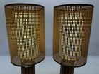2 Vtg Mcm Maybe Bruce Industries Gruvwood Style Wood Table Lamp   Cane Shades