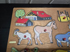 Vintage Wooden Puzzle Farm Animals Barn 11 Pieces With Pegs