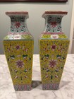 Pair Of Antique Chinese Famille Rose Porcelain Square Vases  Marked   Drilled