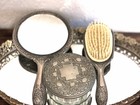 Vintage Ornate Silver Tone Vanity Set  Hand Mirror  Hair Brush  Powder Jar Lid