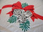Christmas Table Cloth Jingle Bells Pine Poinsettias Red Ribbons 58x66 Vtg Tc5