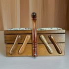 Vintage Walnut Wood Tapestry Expandable Sewing Basket Handle Velvet Lining Euc