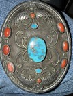 Oval Sterling Silver Metal Belt Buckle And Ring W  Turquoise And Coral J  Lee