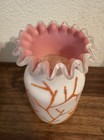 Antique Coralene Hand Blown Art Glass Vase W Pink Ruffle Rim  6 