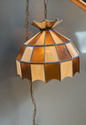 Vintage Tiffany Style Stained Glass Brown White Slag Glass Hanging Chain Light