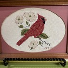 Vintage Cross Stitched  Red Cardinal On A Branch With White Flowers Signed