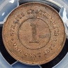 1872-h Straits Settlements 1 Cent   Pcgs Au53
