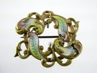 Antique French Art Nouveau Enameled Leaves Brass Brooch Pin Multi Color As Is