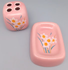 Vintage 2 Pc Ceramic Toothbrush Holder   Soap Dish Pink white  yellow Floral