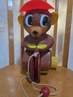 Vintage Fisher Price Pull Toy Bear On Bike Moving Legs Wooden Clucking Noise