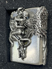 Zippo Angel Devil Wing Antique Silver Heavy Zippo Lighter In Wood Box New Japan