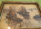 Antique Victorian Original Ink   Water Color Painting Boating Seascape Decor