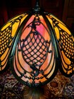Antique Art Nouveau Style Slag Glass Table Lamp Lattice Filigree