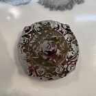 Vintage Antique Goofus Glass Vanity Powder Puff Jar Trinket Box Red   Gold Rose