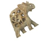 Carved Stone Elephant Figurine Baby Mother Carved Inside 3  Trunk Up Green