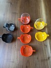 Vintage Retro Plastic Cup Set Orange Yellow Brown Holders With Glass Inserts