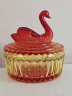 Vintage Jeannette Amberina Swan Covered Powder Dish Trinket Box Lipstick Holder