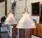 Pair X2 Antique Holophane 10  Glass Industrial Pendant Lamp Light Vtg Deco Large