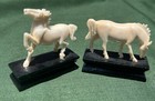Vintage Chinese Hand Carved Small White Horse  2  Figurines On Wood Base
