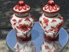 Pair Of Antique Chinese Peking Glass Red Overlay Ginger Jars   Handcarved Floral