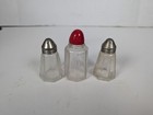 Vintage Glass Salt Pepper Shakers Set 3 Hexagonal Red Top Metal Screw Caps