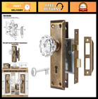 Vintage Mortise Lock Set  Antique Brass Door Knobs   Skeleton Key  Crystal Glass