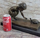 Handcrafted Collectible Nude Baby With Turtle Bronze Sculpture Marble Figurine