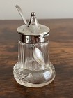Antique Sterling Silver   Cut-glass Mustard Pot  condiment Jar 1912 W epns Spoon