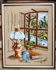 Framed Needlepoint Crewel Embroidery Rustic Cabin Lodge Lake House Cottage 21x18