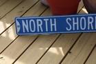 Vintage Minnesota North Shore Street Sign Embossed Steel Blue White