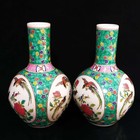 A Pair Chinese Pastel Porcelain Hand Painted Exquisite Flowers birds Vases 6567