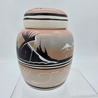 Vintage Handmade Clay Lidded Urn Southwestern Horse Landscape Art Pottery Pink