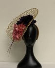 Ascot Fascinator Kentucky Derby Large Pink   Plum Flowers  Gold Mesh  Headband
