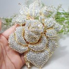 Bride Wedding Clear Crystal Rose Flower Brooch Pin Leaf Gold Tone Brooch Pin