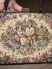 Vintage Tapestry Floral Petit Point Box Purse Lovers In Garden Scene 5 x5 