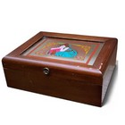 Vintage 70s Wood Playing Card Box Art Nouveau Mucha Lady Mirror Lid Double Deck