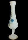 Antique Bristol Satin Art Glass Vase White W  Blue Flowers Pedestal Twisted Stem