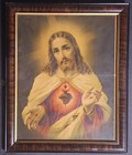 Vintage Print Religious  Jesus Sacred Heart Tigerwood Framed 23x19 