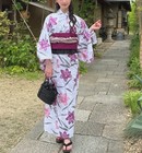 Japanese Yukata Set Women Cotton Kimono Summer Festival Lily Pink Obi Belt