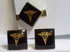 Medical Doctor Caduceus Cufflinks Tie Clasp Set Vintage Lucite Blue Black Retro