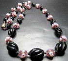 French Amazing Purple Flower Black Molded Glass Beaded Vintage Necklace