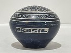 Navy Blue Black Soap Stone Carved Trinket Box   Lid Round Flower Brazil Vintage