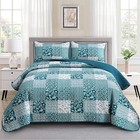  Quilt Set Size 3 Pieces Boho Plaid Turquoise Floral Bedspread King Teal Blue