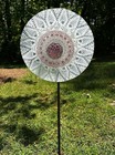 Oversized White Doily   Pink Glass Garden Flower Repurposed Suncatcher Yard Art