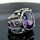 Men Silver Amethyst Engraved Oval Ring Turkish Handmade Silver Ring