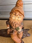 Vtg Painted Ceramic Sitting Gnome Elf Sits On Log  Garden Decor