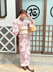 Japanese Summer Yukata 2-piece Set Lavender pink Peony Pattern Kimono   Obi