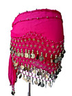 Belly Dance Hip Skirt Scarf Wrap Belt 3 Rows W gold Coins Hot Pink 62 2  X 10 2 